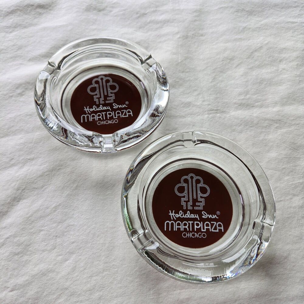 Vintage Holiday Inn Mart Plaza Chicago Glass Ashtrays - Set of 2 - Retro 1970s